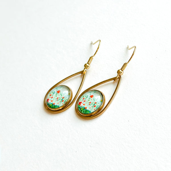 Poppies Field - Teardrop With Circle Gold Plated Stainless Steel Earrings