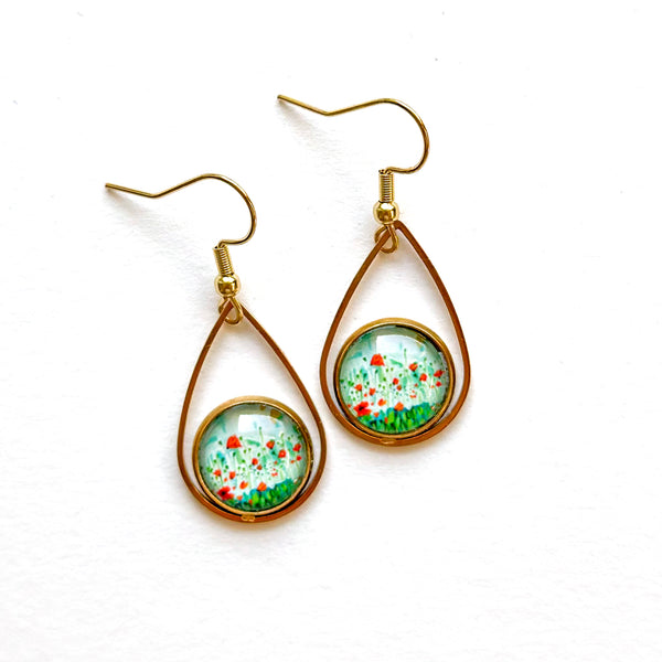 Poppies Field - Teardrop With Circle Gold Plated Stainless Steel Earrings