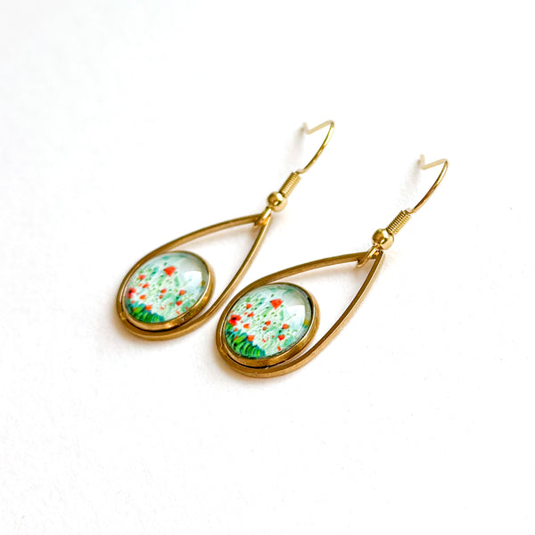 Poppies Field - Teardrop With Circle Gold Plated Stainless Steel Earrings