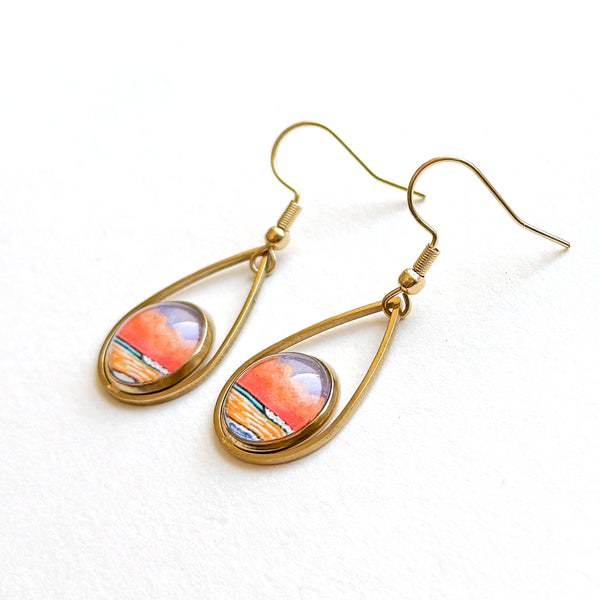 Purple Pink Ocean - Teardrop With Circle Gold Plated Stainless Steel Earrings