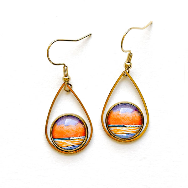 Purple Pink Ocean - Teardrop With Circle Gold Plated Stainless Steel Earrings