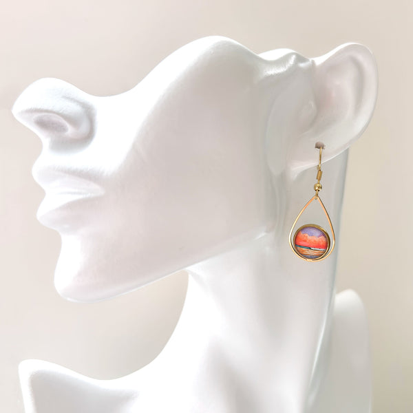 Purple Pink Ocean - Teardrop With Circle Gold Plated Stainless Steel Earrings
