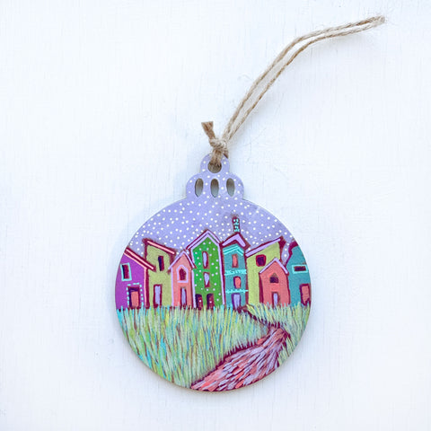 Purple Sky Town - Hand-Painted Christmas Ornament
