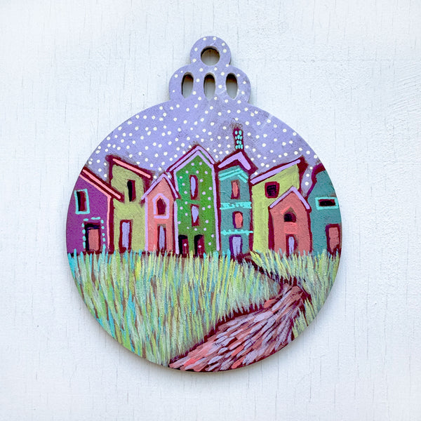 Purple Sky Town - Hand-Painted Christmas Ornament