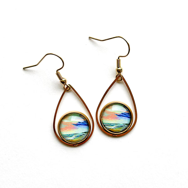 Rainbow Sunrise - Teardrop With Circle Gold Plated Stainless Steel Earrings