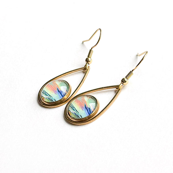 Rainbow Sunrise - Teardrop With Circle Gold Plated Stainless Steel Earrings
