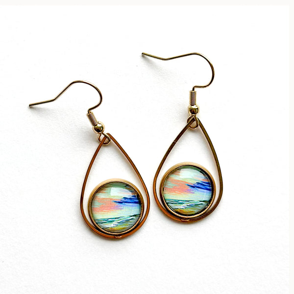 Rainbow Sunrise - Teardrop With Circle Gold Plated Stainless Steel Earrings