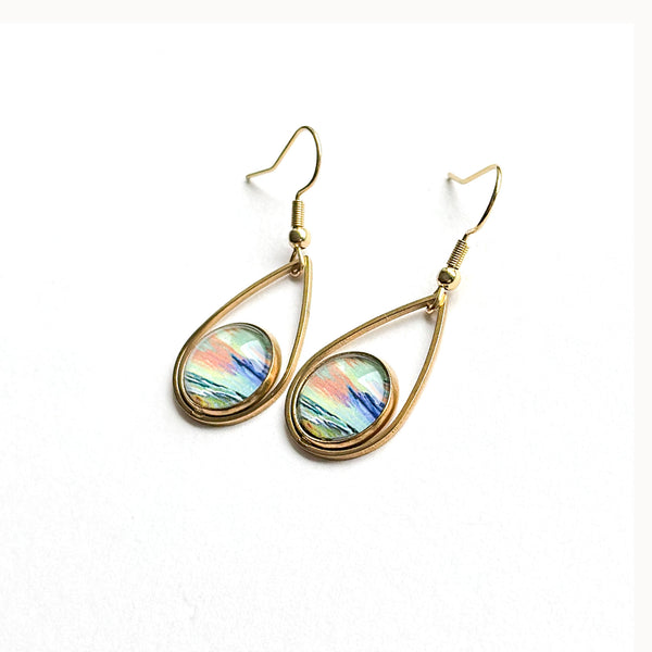 Rainbow Sunrise - Teardrop With Circle Gold Plated Stainless Steel Earrings
