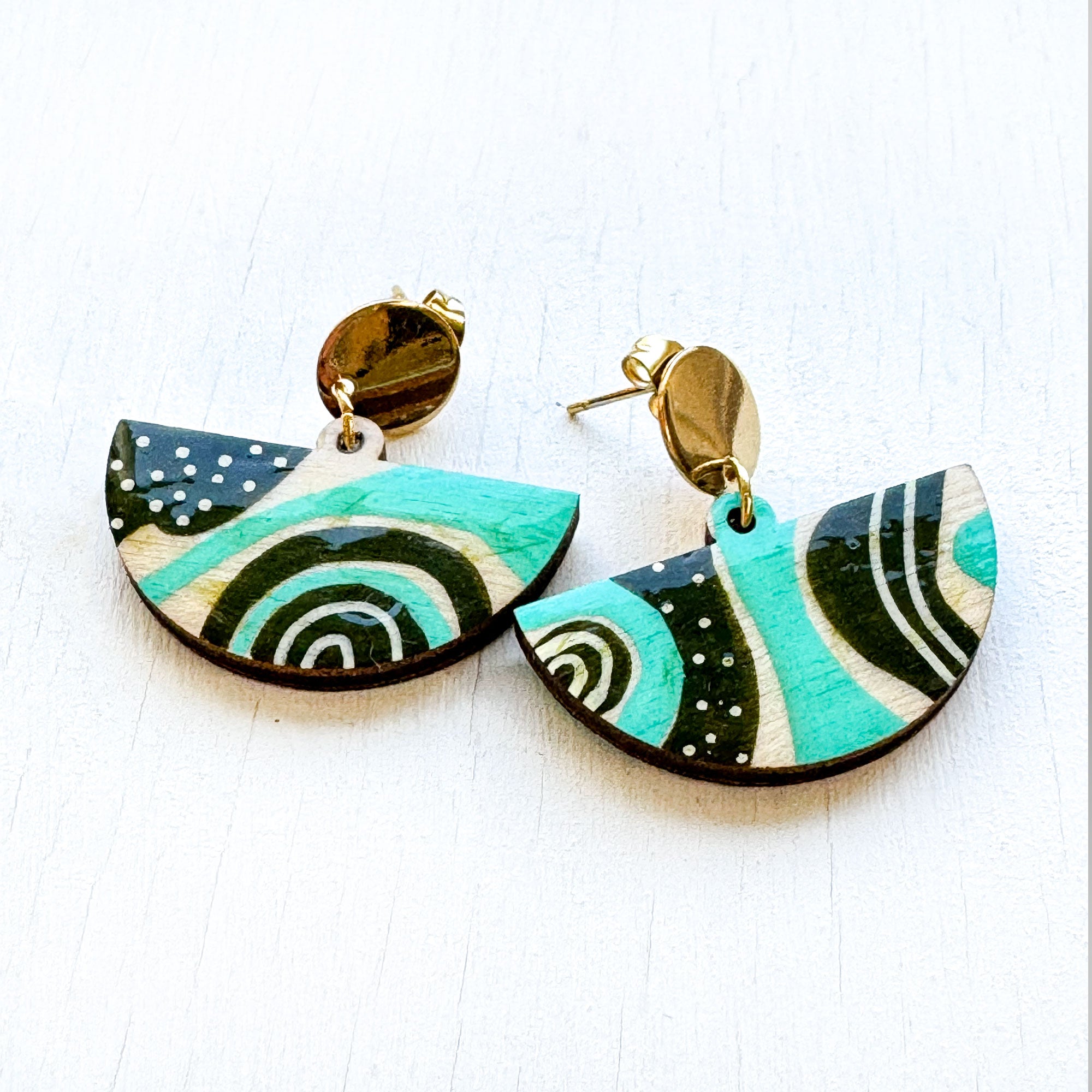 Teal and Dark Olive Green Hand-Painted Fan Shape Wood Earrings