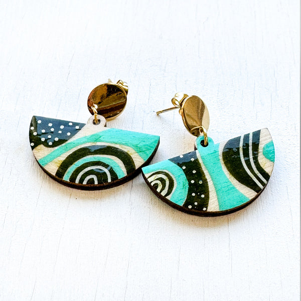 Teal and Dark Olive Green Hand-Painted Fan Shape Wood Earrings