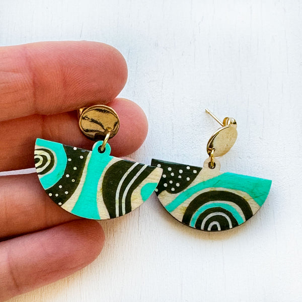 Teal and Dark Olive Green Hand-Painted Fan Shape Wood Earrings