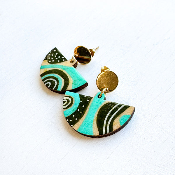 Teal and Dark Olive Green Hand-Painted Fan Shape Wood Earrings