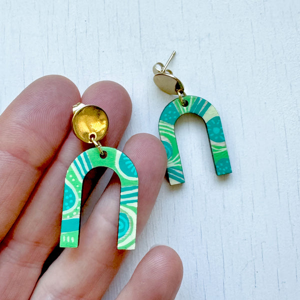Teal and Pale Green Hand-Painted Arch Wood Earrings