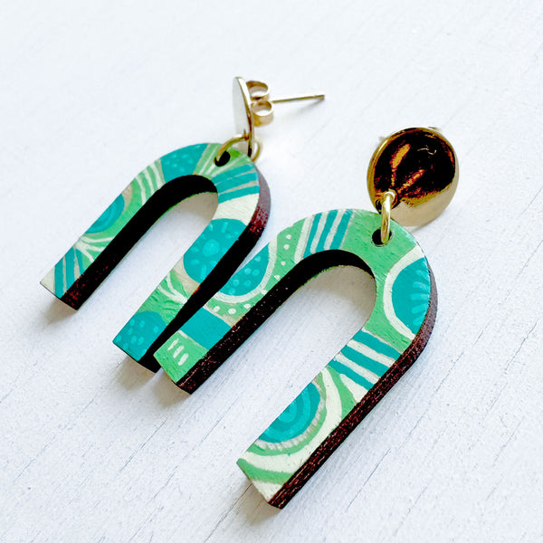 Teal and Pale Green Hand-Painted Arch Wood Earrings