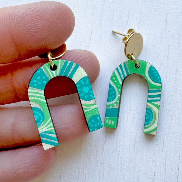 Teal and Pale Green Hand-Painted Arch Wood Earrings