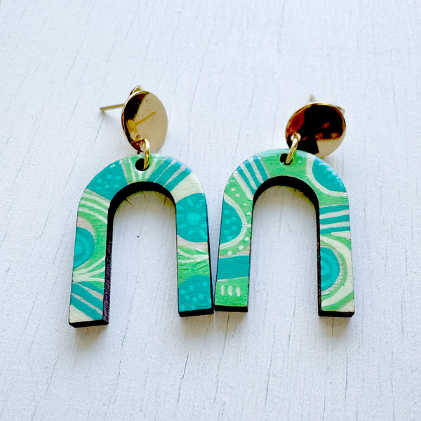 Teal and Pale Green Hand-Painted Arch Wood Earrings