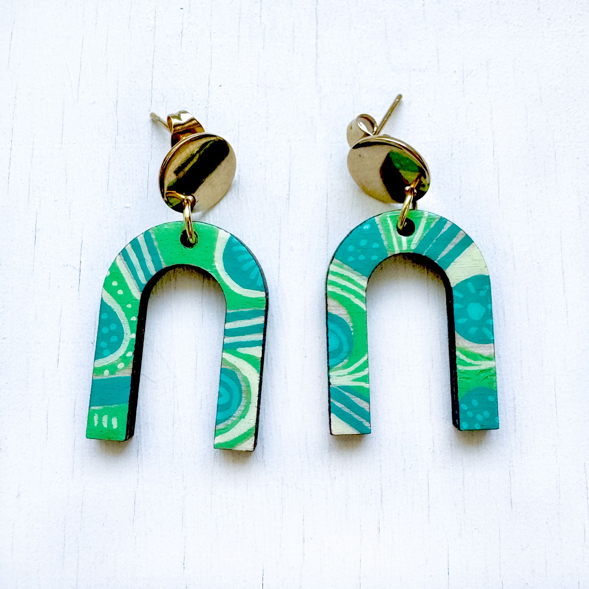 Teal and Pale Green Hand-Painted Arch Wood Earrings
