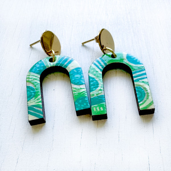 Teal and Pale Green Hand-Painted Arch Wood Earrings