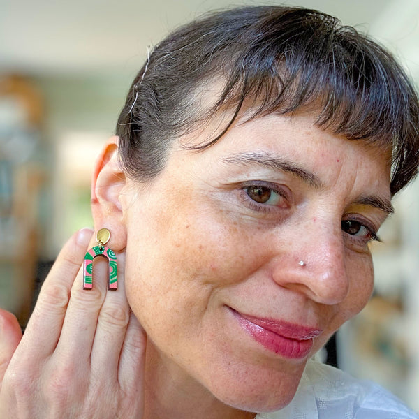 Pink and Green Hand-Painted Arch Wood Earrings