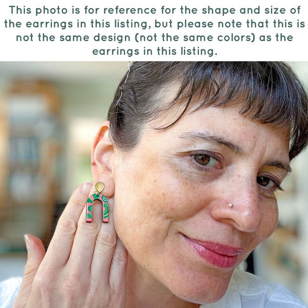 Teal and Pale Green Hand-Painted Arch Wood Earrings