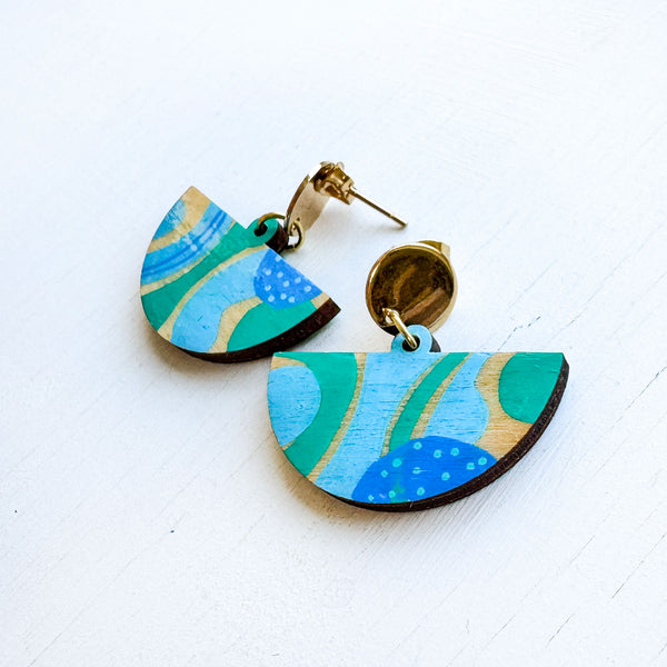 Turquoise and Azure Hand-Painted Fan Shape Wood Earrings