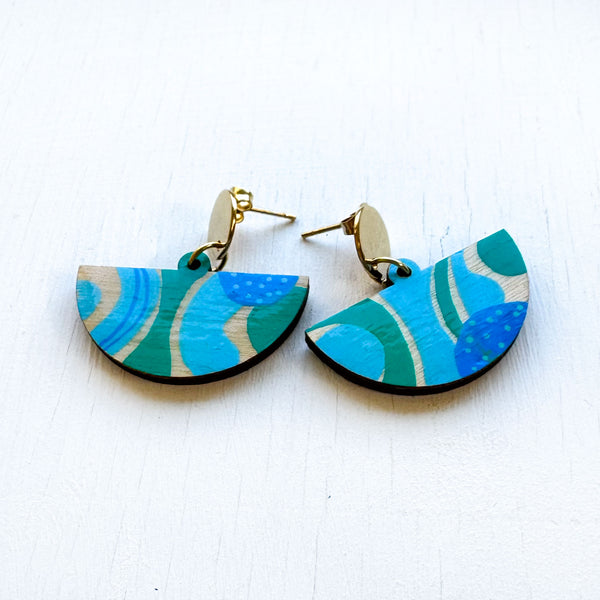 Turquoise and Azure Hand-Painted Fan Shape Wood Earrings