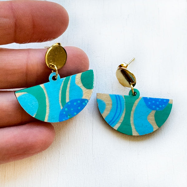 Turquoise and Azure Hand-Painted Fan Shape Wood Earrings
