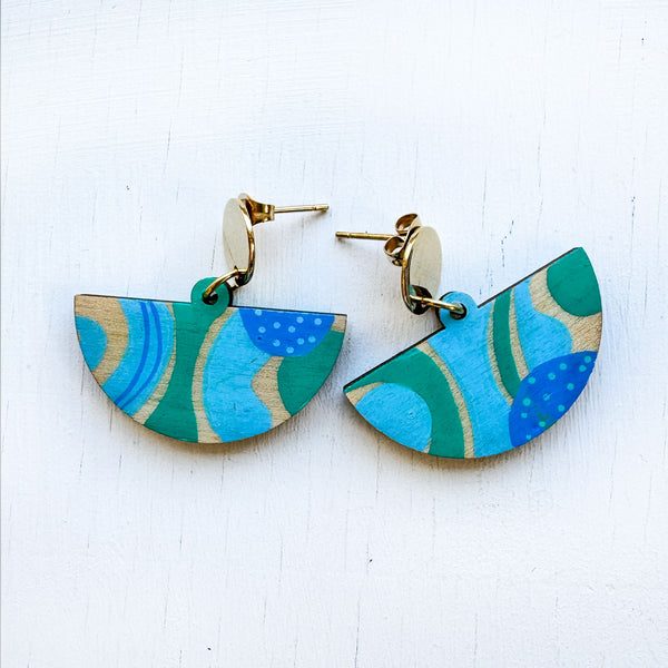 Turquoise and Azure Hand-Painted Fan Shape Wood Earrings