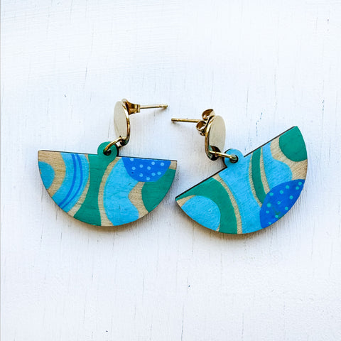 Turquoise and Azure Hand-Painted Fan Shape Wood Earrings