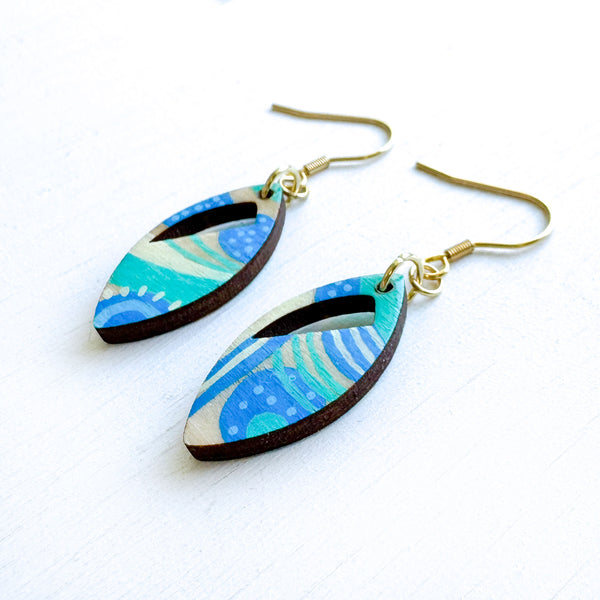 Turquoise and Azure Hand-Painted Leaf Shape Wood Earrings
