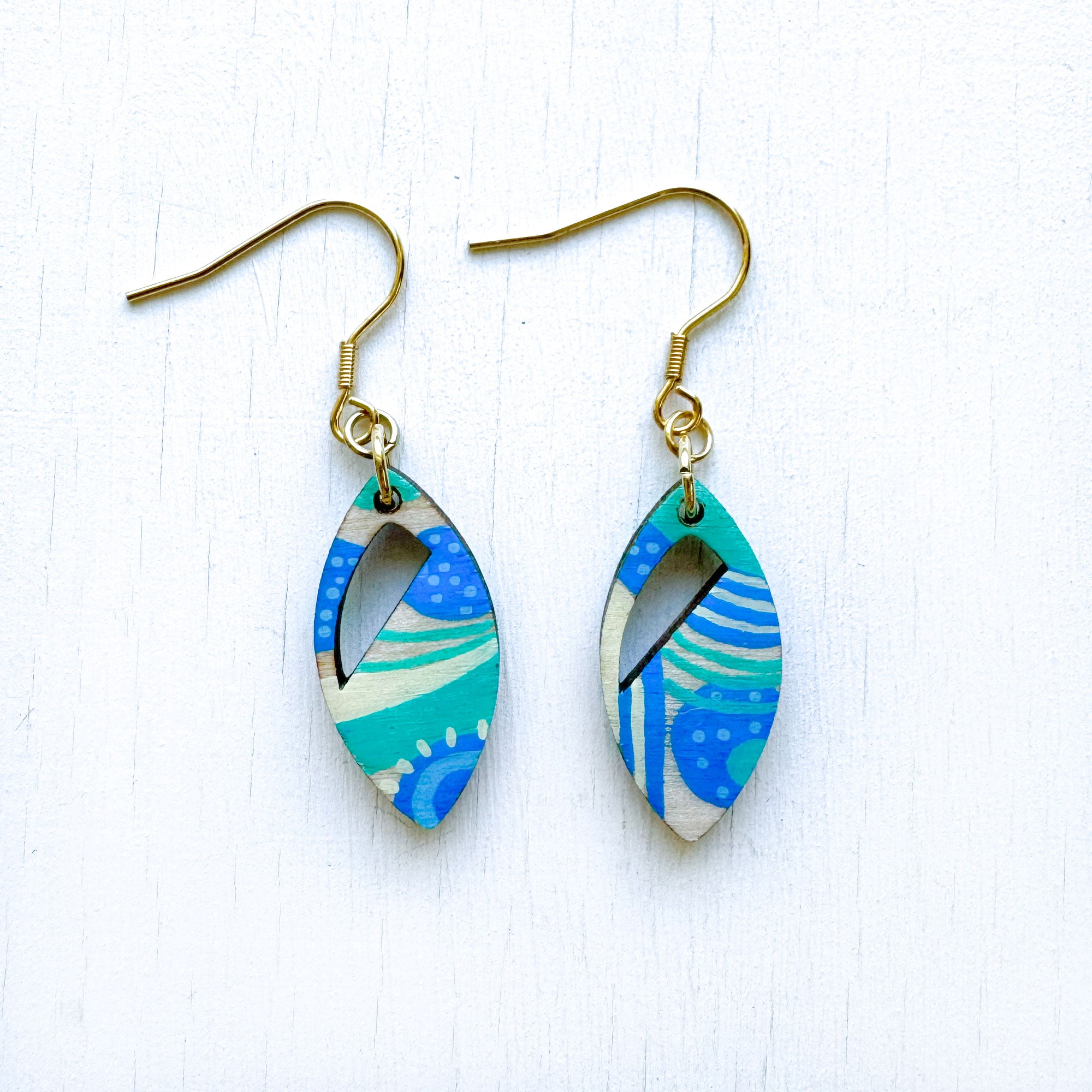 Turquoise and Azure Hand-Painted Leaf Shape Wood Earrings