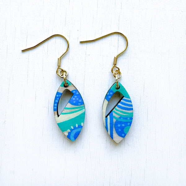 Turquoise and Azure Hand-Painted Leaf Shape Wood Earrings