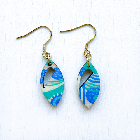 Turquoise and Azure Hand-Painted Leaf Shape Wood Earrings