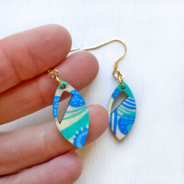 Turquoise and Azure Hand-Painted Leaf Shape Wood Earrings