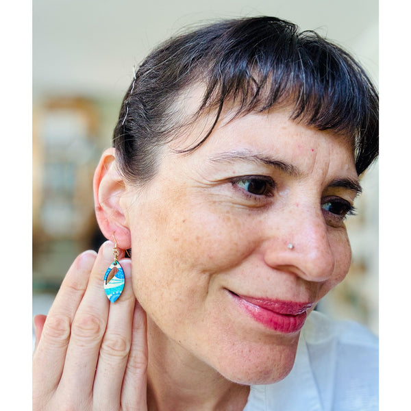 Turquoise and Azure Hand-Painted Leaf Shape Wood Earrings