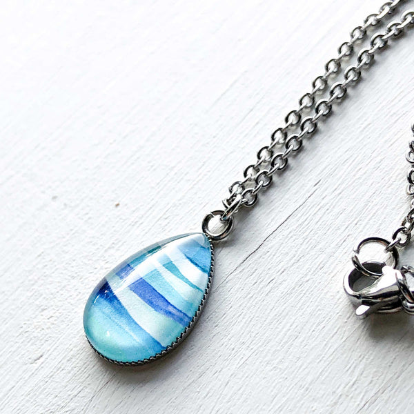 Abstract Seascape Circle - Stainless Steel Teardrop Necklace or Set