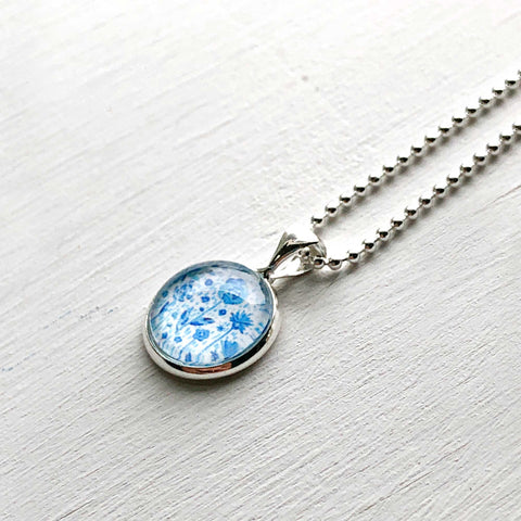 Blue Floral - Small Round Necklace