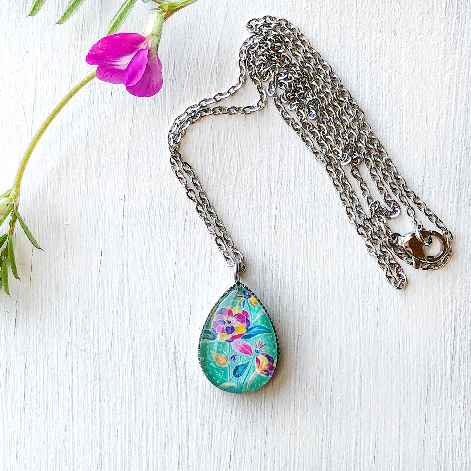 Floral XII - Stainless Steel Teardrop Necklace or Set