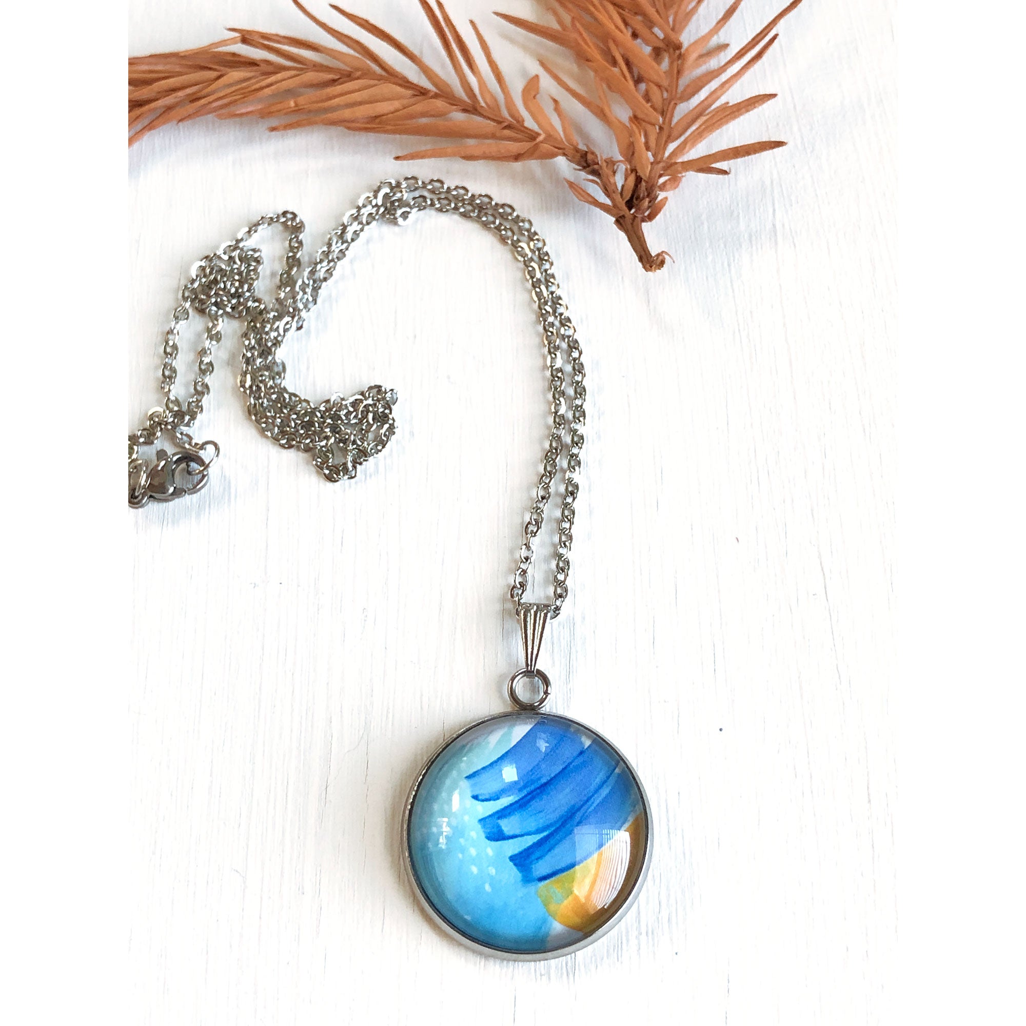 Blue and Gold Abstract - Stainless Steel Necklace