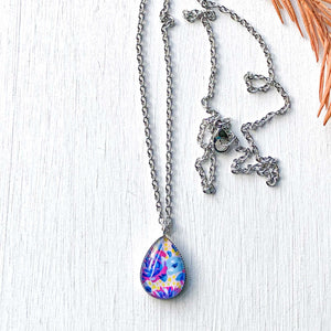 Pink and Blue Floral - Stainless Steel Teardrop Necklace or Set