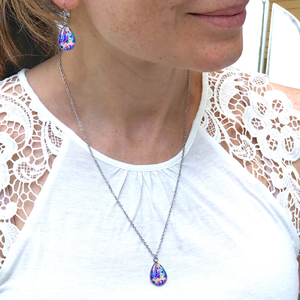 Pink and Blue Floral - Stainless Steel Teardrop Necklace or Set